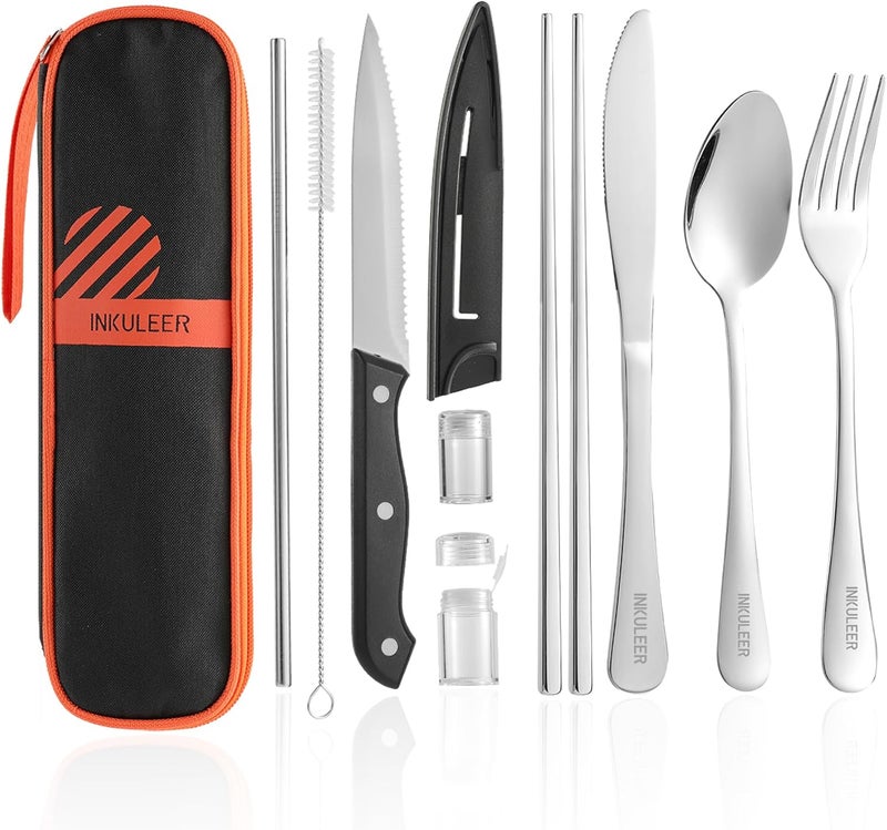 inkuleer Travel Cutlery, Portable Cutlery Set | Portable Silverware Set, 18/8 Stainless Steel Lunch Reusable Travel Cutlery Set, Fork and Spoon/Knife Set for Camping | Full-size camping cutlery set. - Image 1
